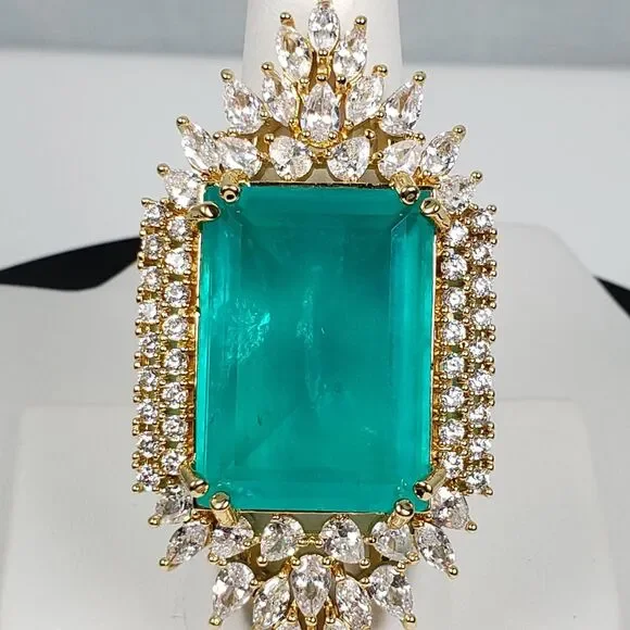 Signed Princess Doublet Natural Emerald with CZ 18KGL Size 9 Cocktail Ring - Picture 7 of 16